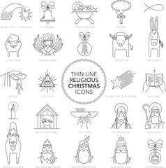 Thin line Religious Christmas Icons - obrazy, fototapety, plakaty