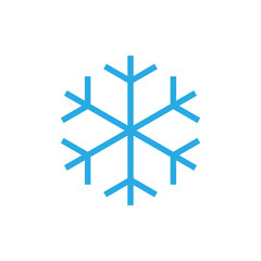 Snowflake icon. Blue silhouette snow flake sign, isolated on white background. Flat design. Symbol of winter, frozen, Christmas, New Year holiday. Graphic element decoration. Vector illustration