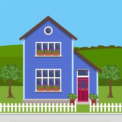 Obraz na płótnie Canvas Cute residential country house, country landscape, trendy flat style vector design template
