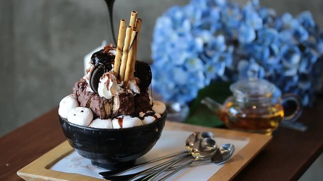 Korean Dessert - Chocolate bingsu or ice snow flake and ice-cream with fresh milk in korea style