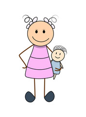 doodle Cartoon Woman with Baby