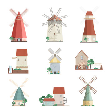 Set of colorful windmills and watermills of different types - smock, tower, post mills isolated on white background. Agricultural buildings with rotating sails. Vector illustration in flat style.