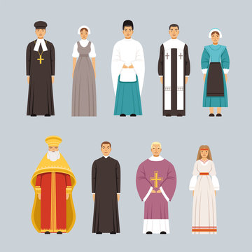 Religion people characters set, men and women of different religious confessions in traditional clothes