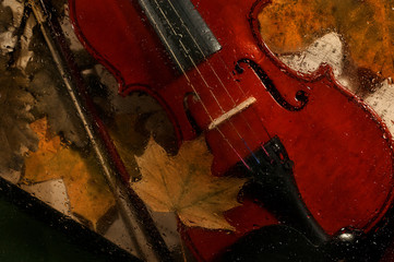 Violin and autumn leaves across a water drops on glass.