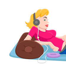 Young Cartoon Girl Listening Music