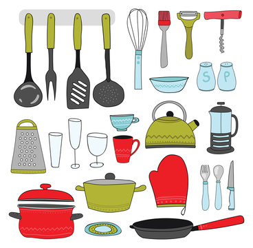 Kitchenware collection. Colorful kitchen tools on white background. Hand drawn style