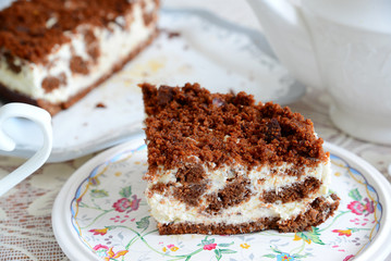 Piece of homemade cake with sour cream