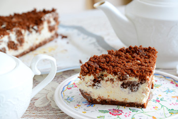 Piece of homemade cake with sour cream