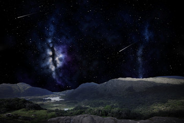 Fototapeta na wymiar mountain landscape over night sky or space