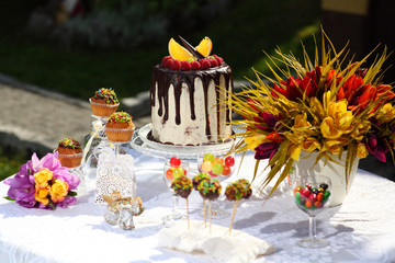 A festive table decorated with birthday cake with flowers and sweets. A table with a cake for the birthday of the child. Birthday party for children.