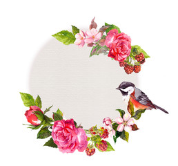 Vintage wedding card - flowers and cute bird. Watercolor frame for save date text
