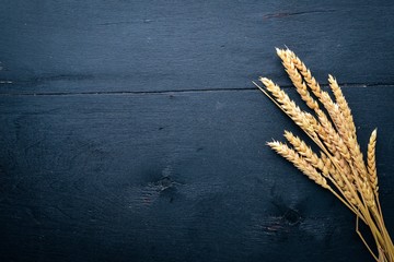 Wheat on a wooden background. Top view. Free space for text.