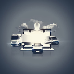 Lkw, Transporter und Flugzeug starten aus einem Notebook Bildschirm zur Auslieferung