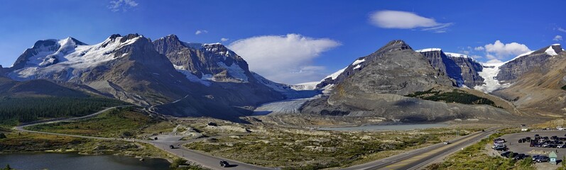 Panoramic view of Columbia Icefield in Jasper National Park, Rocky Mountains, Alberta, Canada.