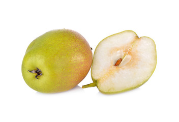 whole and cut fresh red fragrant pear on white background