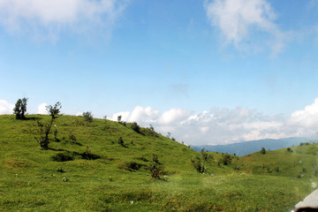 Beautiful view of Himalayan ranges from nearby green valley, Sandakphu, West Bengal India