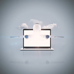 Flugzeug startet aus einem Notebook Bildschirm zur Auslieferung