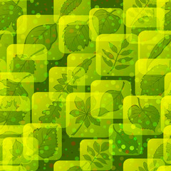 Seamless Background with Pictogram Leaves, Green Square Nature Icons of Various Plants, Trees and Shrubs, Tile Nature Pattern for Your Design. Eps10, Contains Transparencies. Vector