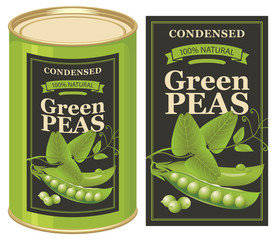 Vector illustration of tin can with a label for canned green peas with the realistic image of pea pods, tendrils and leaves and calligraphic inscription