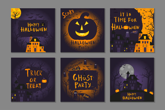 Collection of 6 happy halloween poster design with traditional symbols