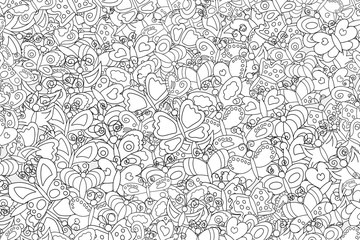 Butterflies summer concept cartoon doodles background design. Hand drawn black and white outline coloring page vector illustration.
