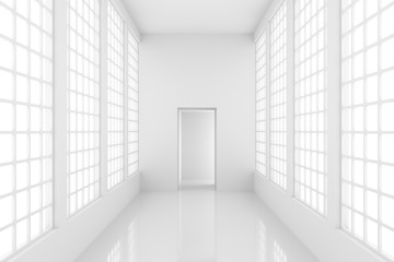 Futuristic empty white corridor with bright lights from windows and door. 3D Rendering.