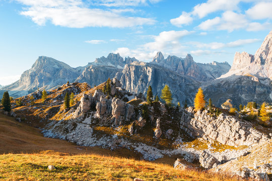 Beautiful autumn colors in Dolomites mountain, Tofana peak, Cinque Torri mountain