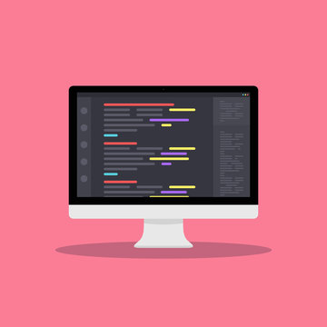 Web Development concept with digital device on pink background. Laptop, computer for work. Program for design or programming. Sign "Development" - stock vector illustration