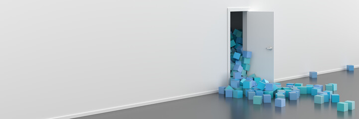 Infinite colored cubes getting out of a door, original 3d rendering