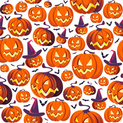 Seamless Halloween Pattern with Pumpkins and bats on White background.