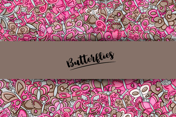 Butterflies summer concept in 3d cartoon doodles background design. Hand drawn colorful vector illustration.