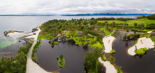 Tropical garden on an island in norway, aerial view