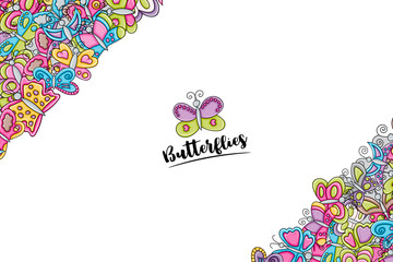 Butterflies summer concept in 3d cartoon doodles background design. Hand drawn colorful vector illustration.
