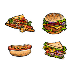 Vector sketch fresh sandwich, burger sausage hot dog, cheese and pepperoni pizza slice set. Fast food cartoon isolated illustration on a white background.