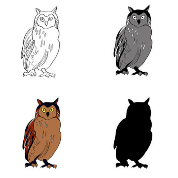 Vector illustration, an image of a sitting owl. Black line, black and white and gray spots, black silhouette, color image