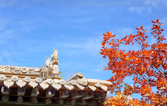 Autumn landscape, Beautiful  autumn leaves and Chinese ancient architecture in Lanzhou, China. Autumn 2016