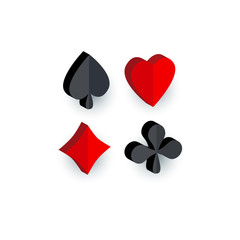 Set of 3D playing card suit signs - hearts, spades, clubs, diamonds, flat cartoon vector illustration isolated on white background. Playing card suits - hearts, spades, clubs, diamonds