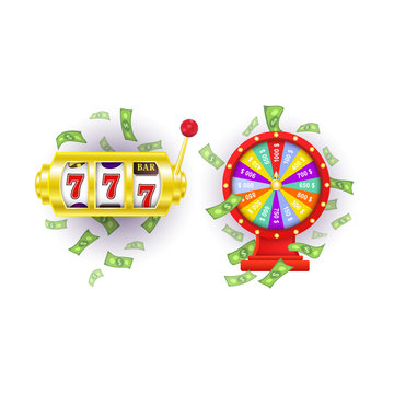vector flat cartoon gambling lucky wheel of fortune with dollar rain around, jackpot casino golden slot machine set. Isolated illustration on a white background. Sign of profit, easy money.