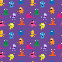 Obraz premium Seamless background with cute aliens on a violet background