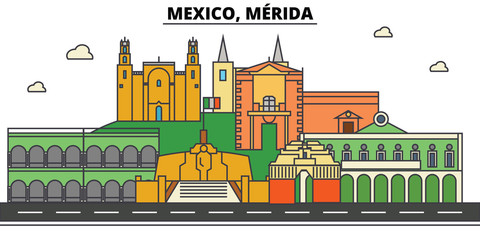 Mexico, Merida. City skyline, architecture, buildings, streets, silhouette, landscape, panorama, landmarks, icons. Editable strokes. Flat design line vector illustration concept - obrazy, fototapety, plakaty
