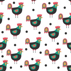 Seamless pattern with cute cartoon cocks. Vector background.