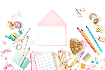 Envelope  mockup and stylish stationery. Flat lay, top view trendy back to school concept.