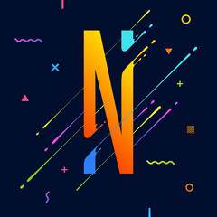 Modern abstract colorful alphabet with minimal design. Letter N. Abstract background with cool bright geometric elements. Dynamic liquid ink splashes letter. Eps10 vector template for your art