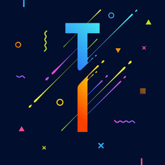 Modern abstract colorful alphabet with minimal design. Letter T. Abstract background with cool bright geometric elements. Dynamic liquid ink splashes letter. Eps10 vector template for your art