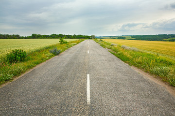 asphalt road among the fields against the backdrop of a dramatic sky