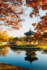 Korean traditional architecture Gyeongbokgung Palace Hyangwonjeong at autumn in Seoul, Korea