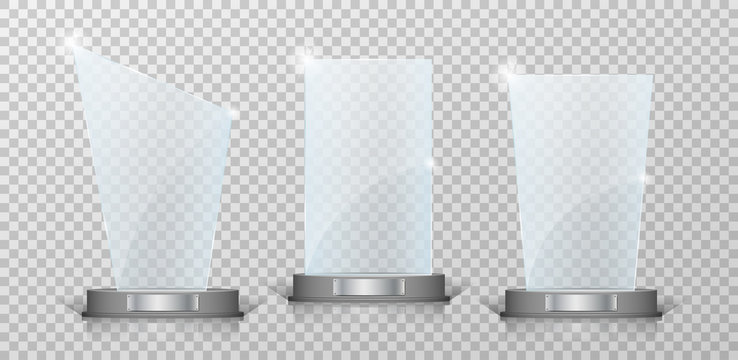 Empty Crystal glass trophy awards set. Glossy transparent trophy for award on transparent background. Vecror illustration