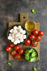 Ingredients  for making traditional italian salad caprese.Top view with copy space.