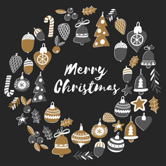 Gold Christmas wreath with christmas bells, snowflakes, candy Holly jolly Merry Christmas and Happy New Year Isolated on blackboard Chalk drawing