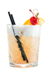 John Collins or Whiskey sour cocktail in glass decorated with cherry, slice of orange and straws isolated on white background